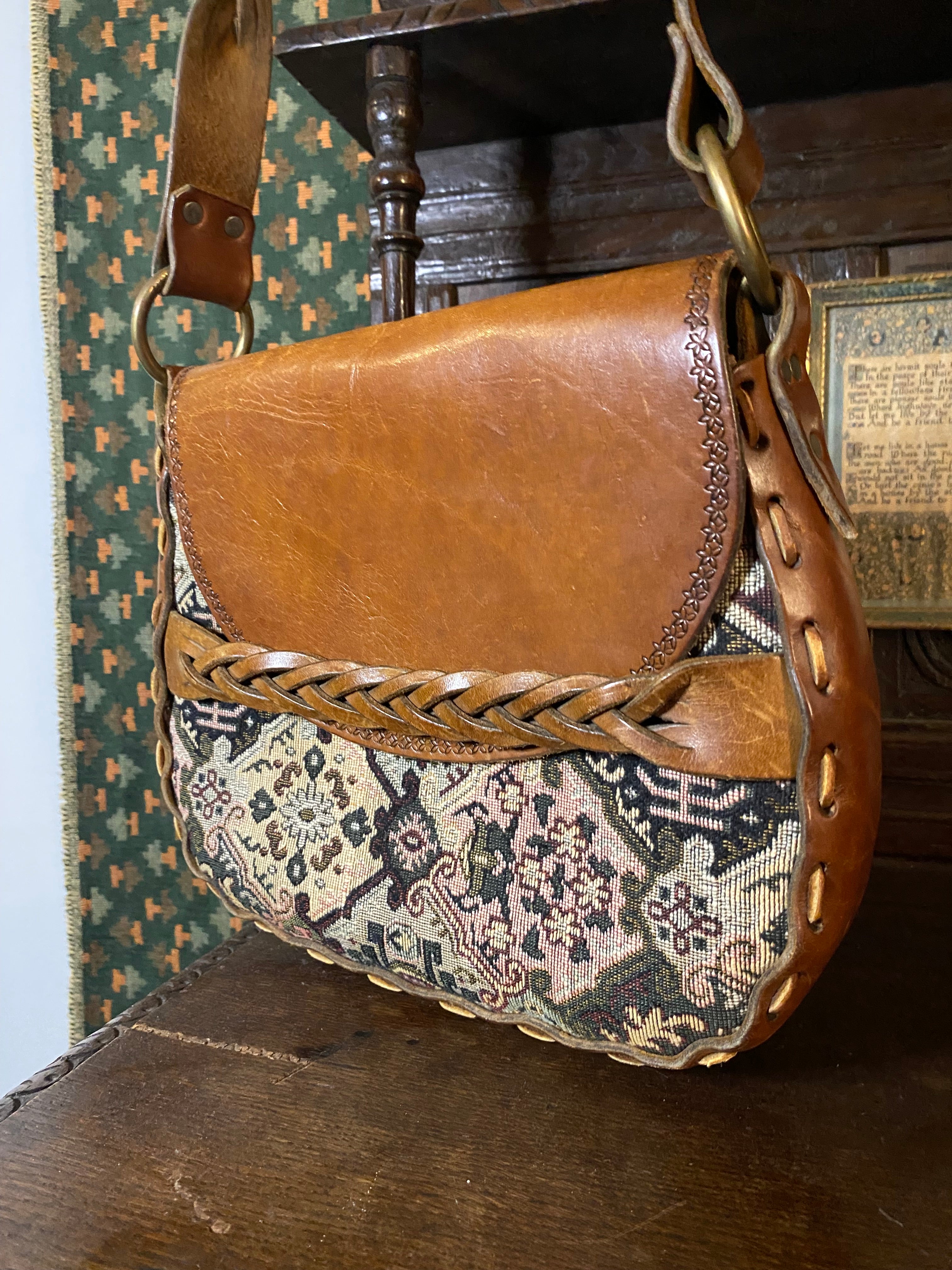 1970s Ollie Carrington Leather & Tapestry Purse