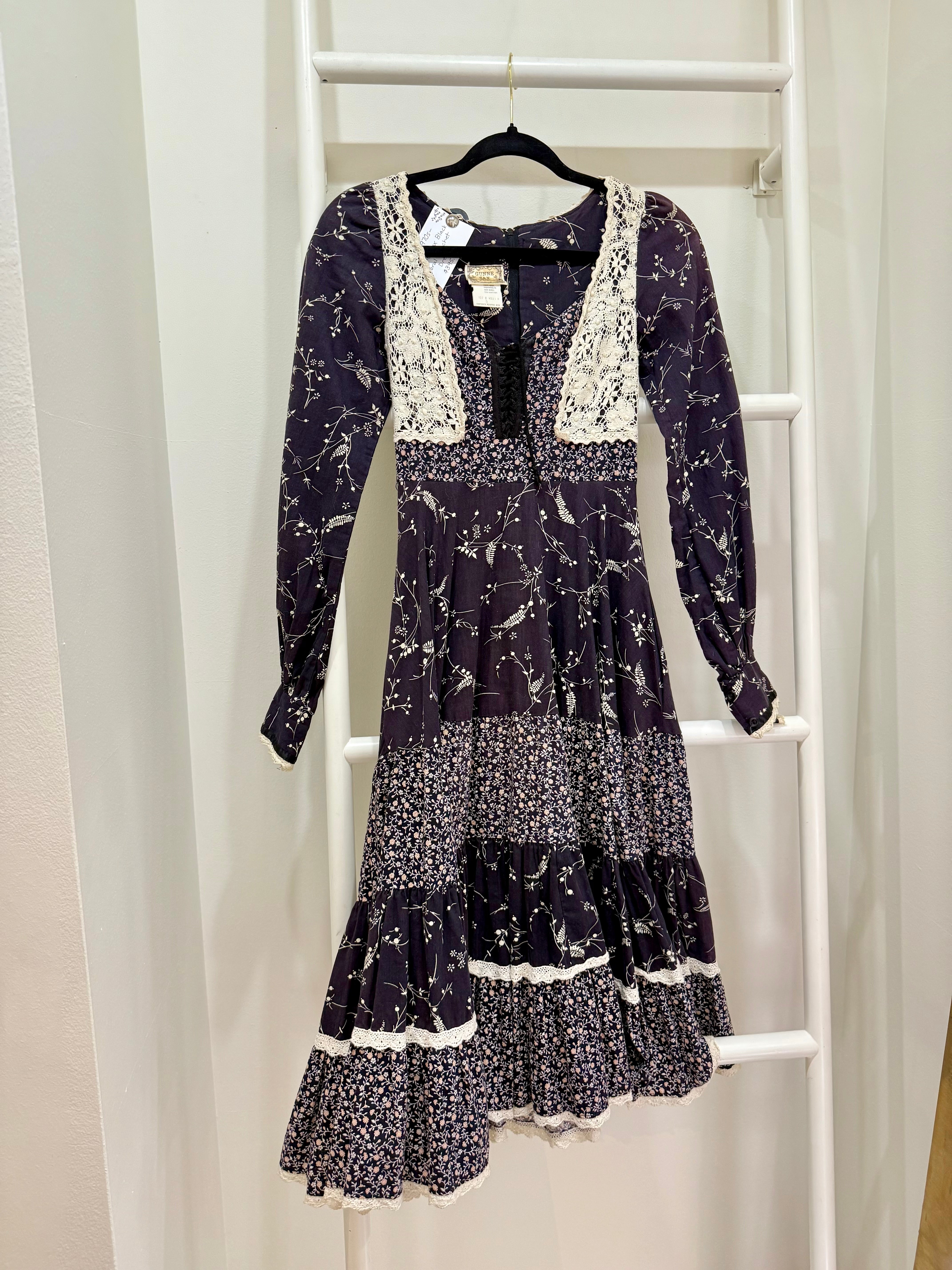 1970s Gunne Sax Black Mixed Floral & Crochet Midi Dress