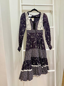 1970s Gunne Sax Black Mixed Floral & Crochet Midi Dress