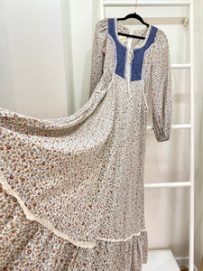 1970s Gunne Sax Blue Calico Balloon Sleeve Maxi Dress