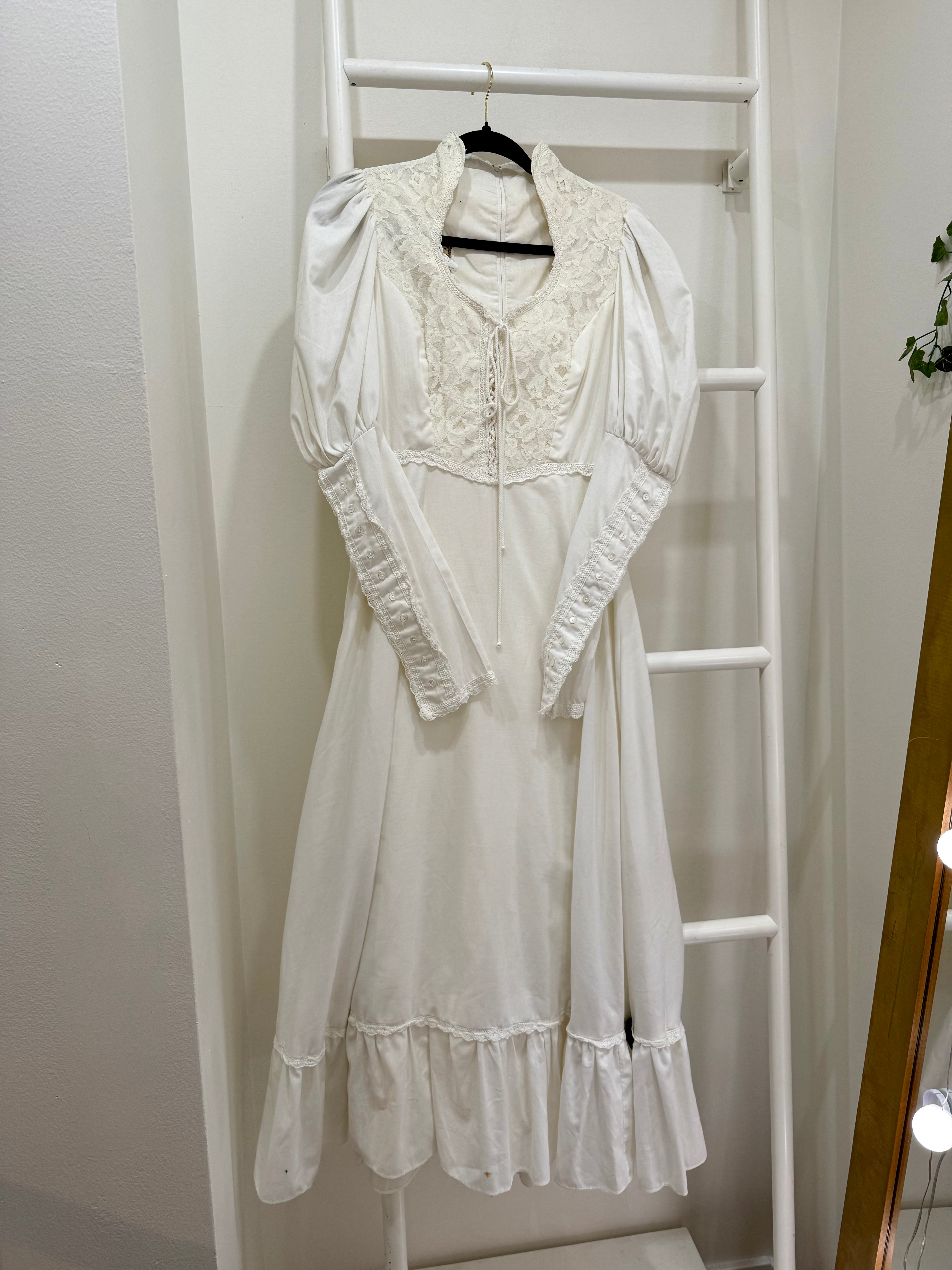 1970s Gunne Sax White Mutton Sleeve Maxi Dress