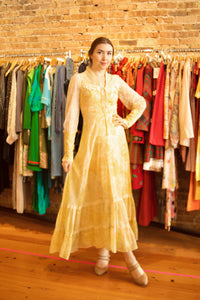 1970s Gunne Sax Yellow Floral Lace Sleeve "Love Witch" Maxi Dress