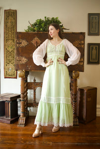 1970s Gunne Sax Green Balloon Sleeve Maxi Dress