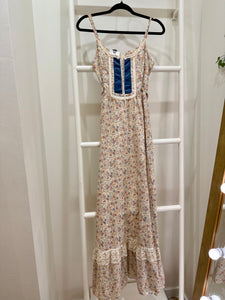 1970s Blue Floral & Velvet Maxi Sun Dress