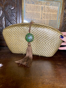 1980s Rafael Sanchez Golden Olive Woven Dragon Enamel Clutch