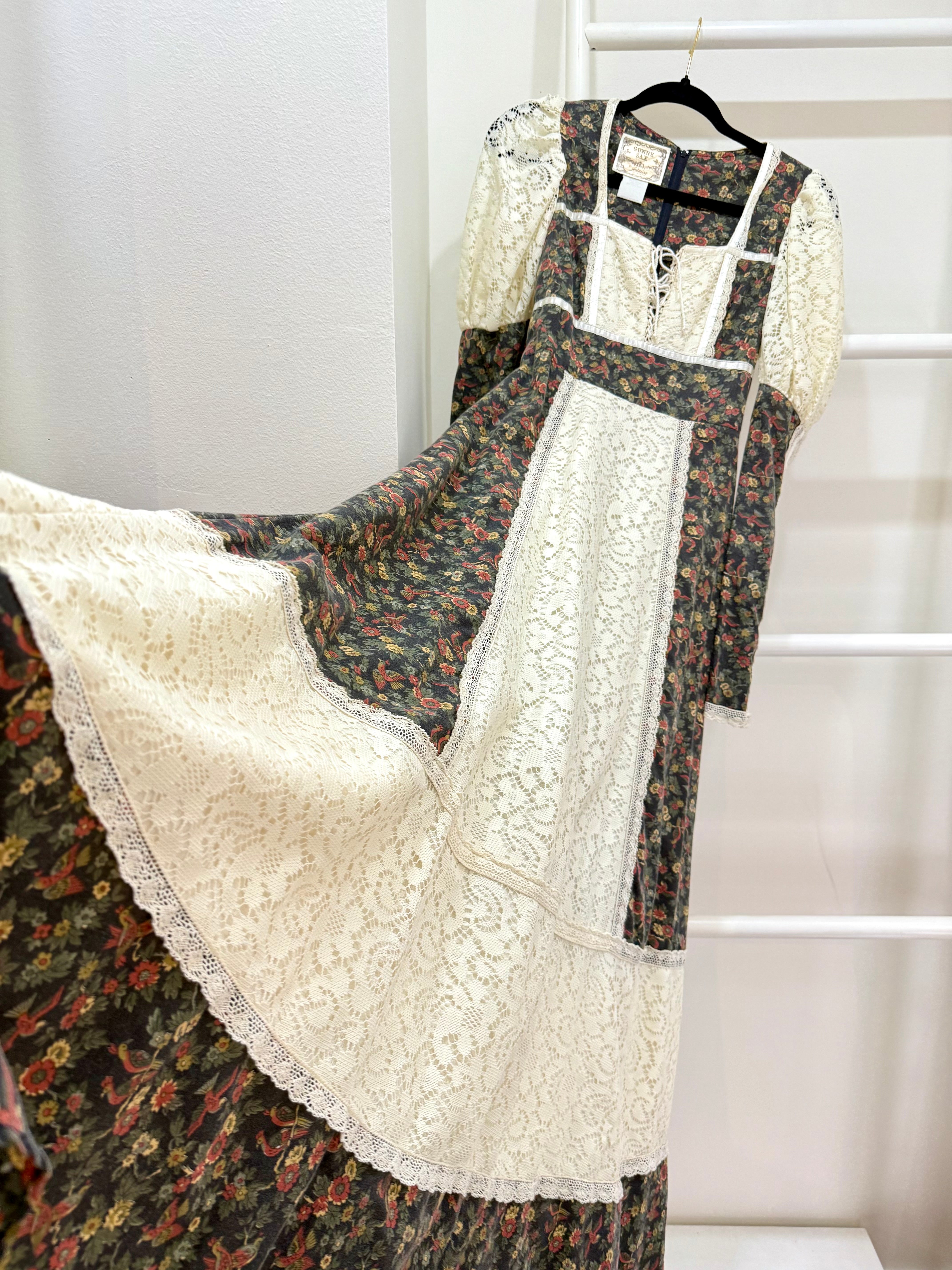 1970s Gunne Sax Bird Print Princess Maxi Dress