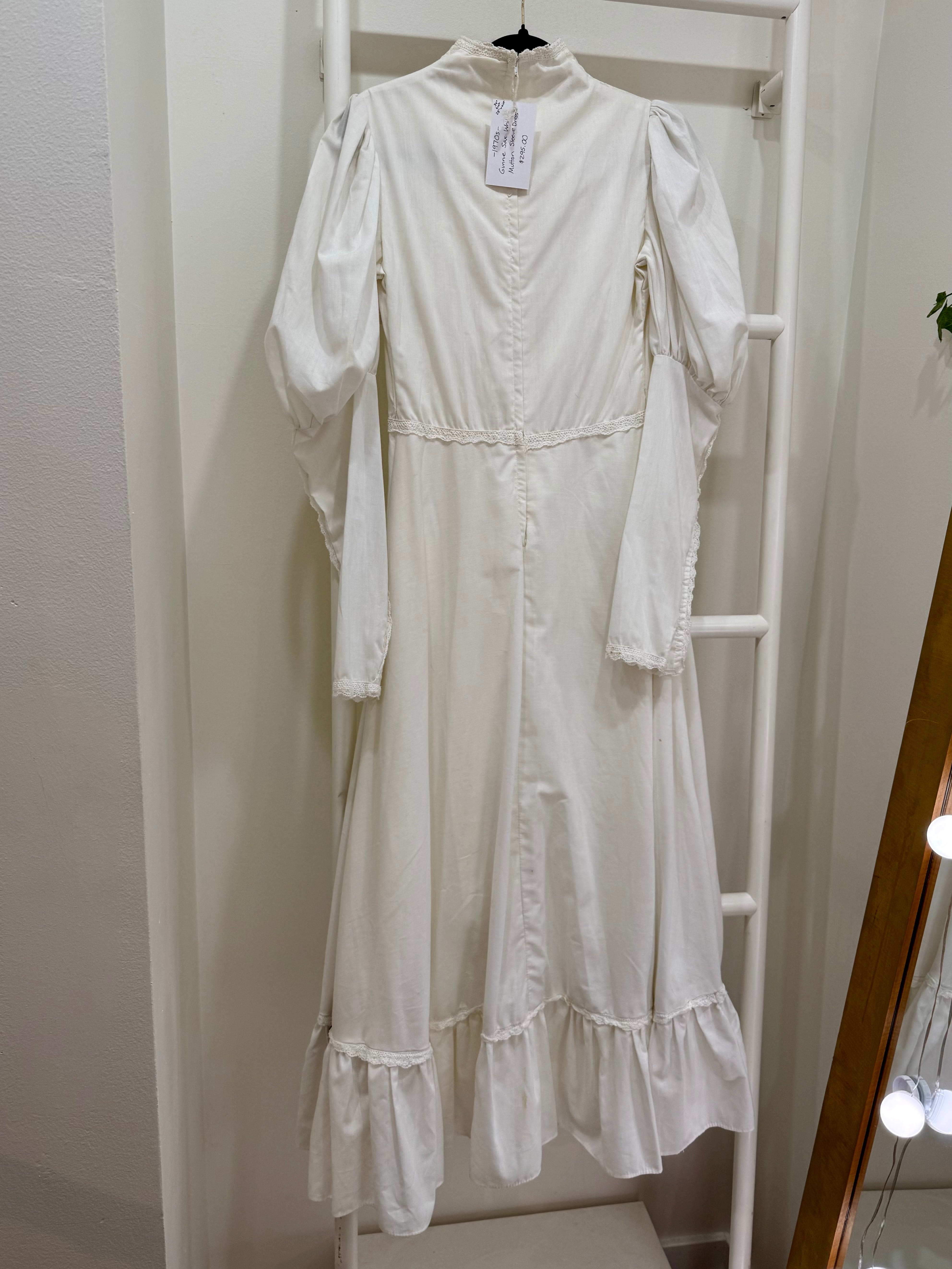 1970s Gunne Sax White Mutton Sleeve Maxi Dress