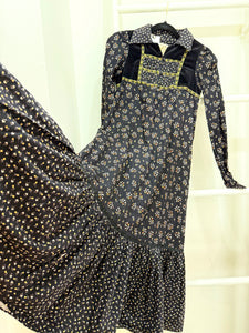 1970s Gunne Sax Black Calico Midi Dress