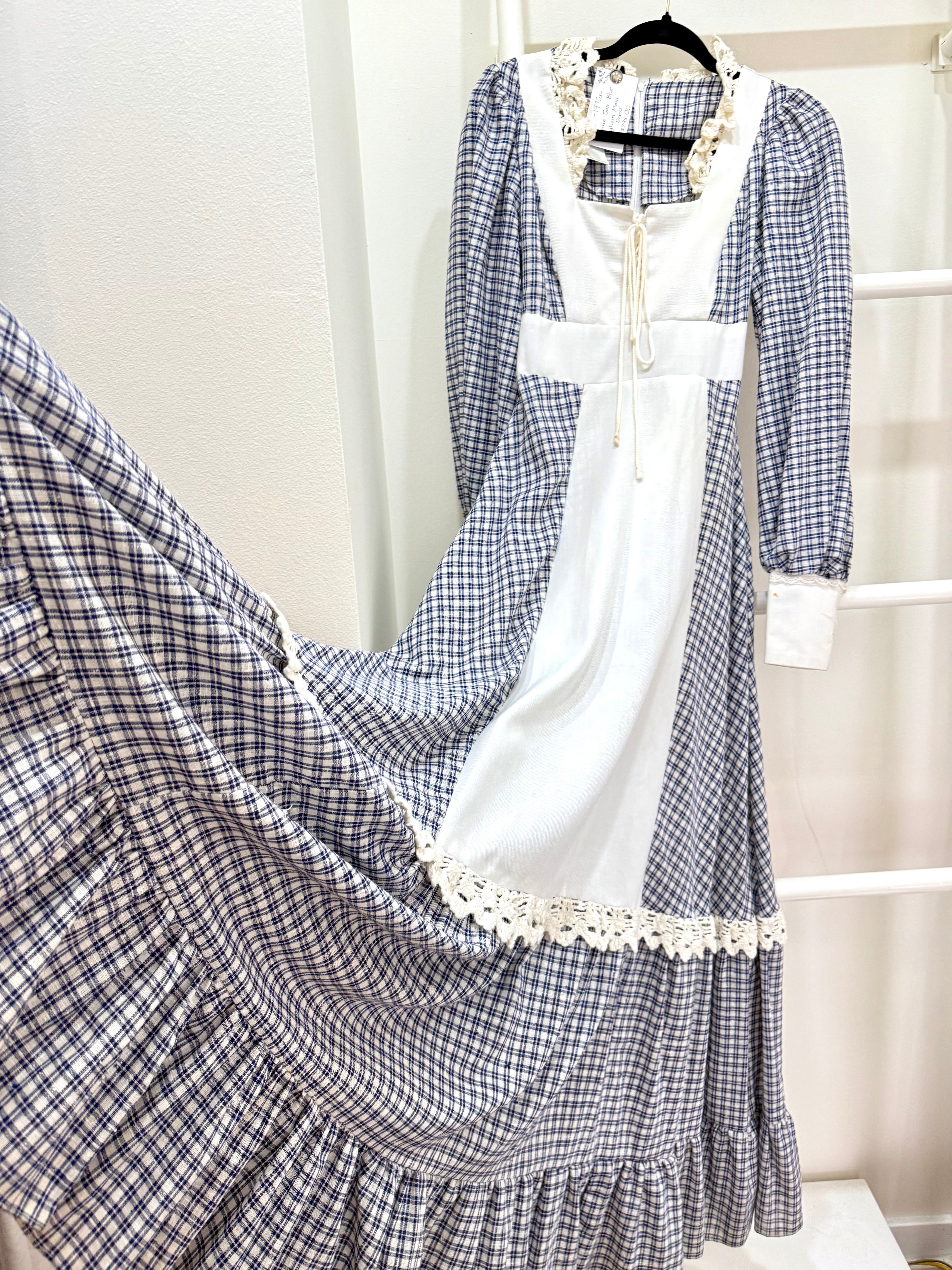 1970s Gunne Sax Blue Gingham Maxi Dress