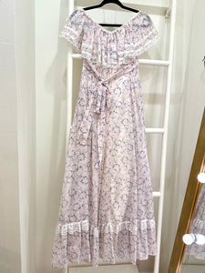 1970s Gunne Sax Pink Floral Off-Shoulder Maxi Dress
