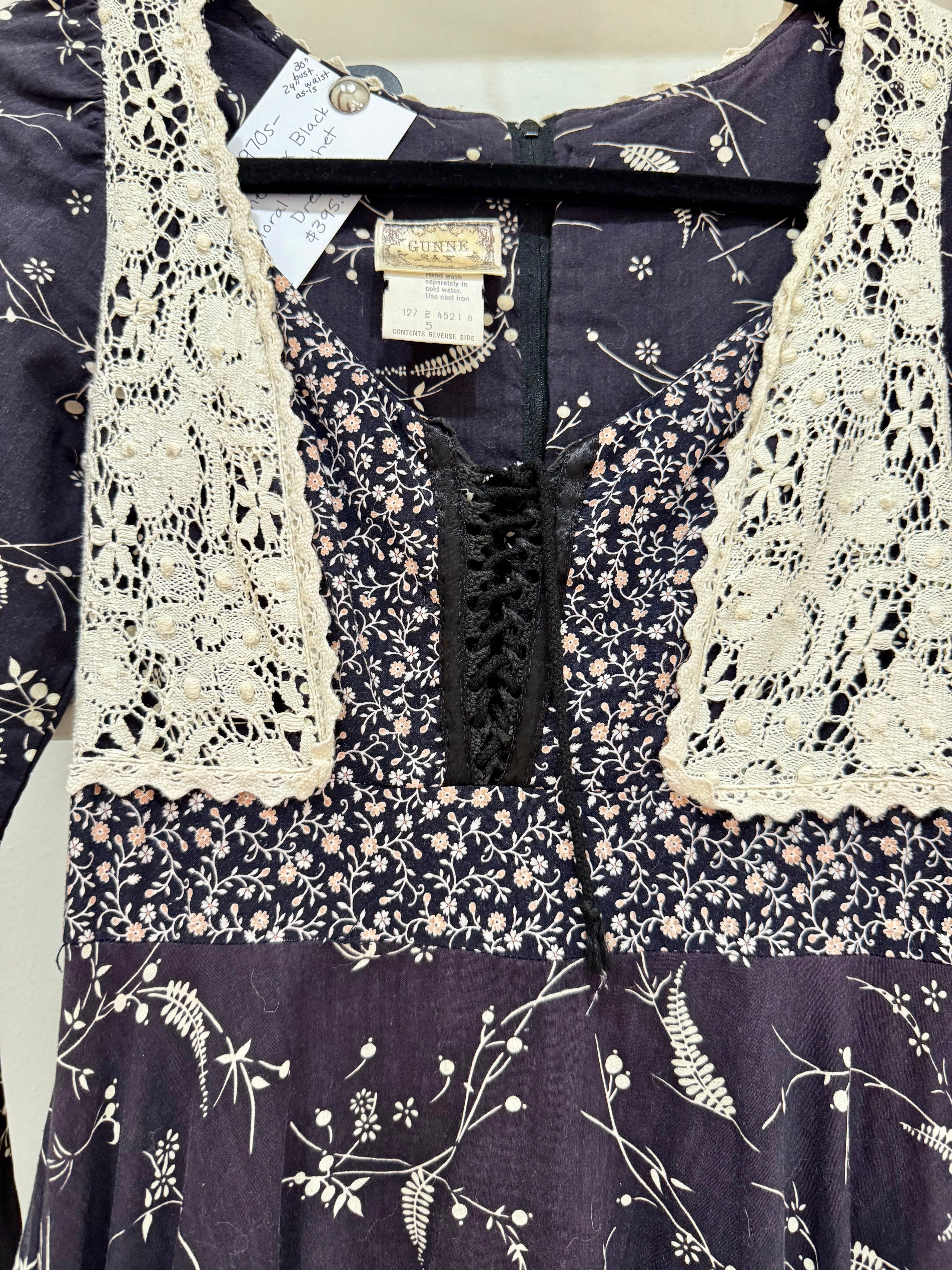 1970s Gunne Sax Black Mixed Floral & Crochet Midi Dress
