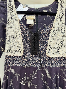 1970s Gunne Sax Black Mixed Floral & Crochet Midi Dress