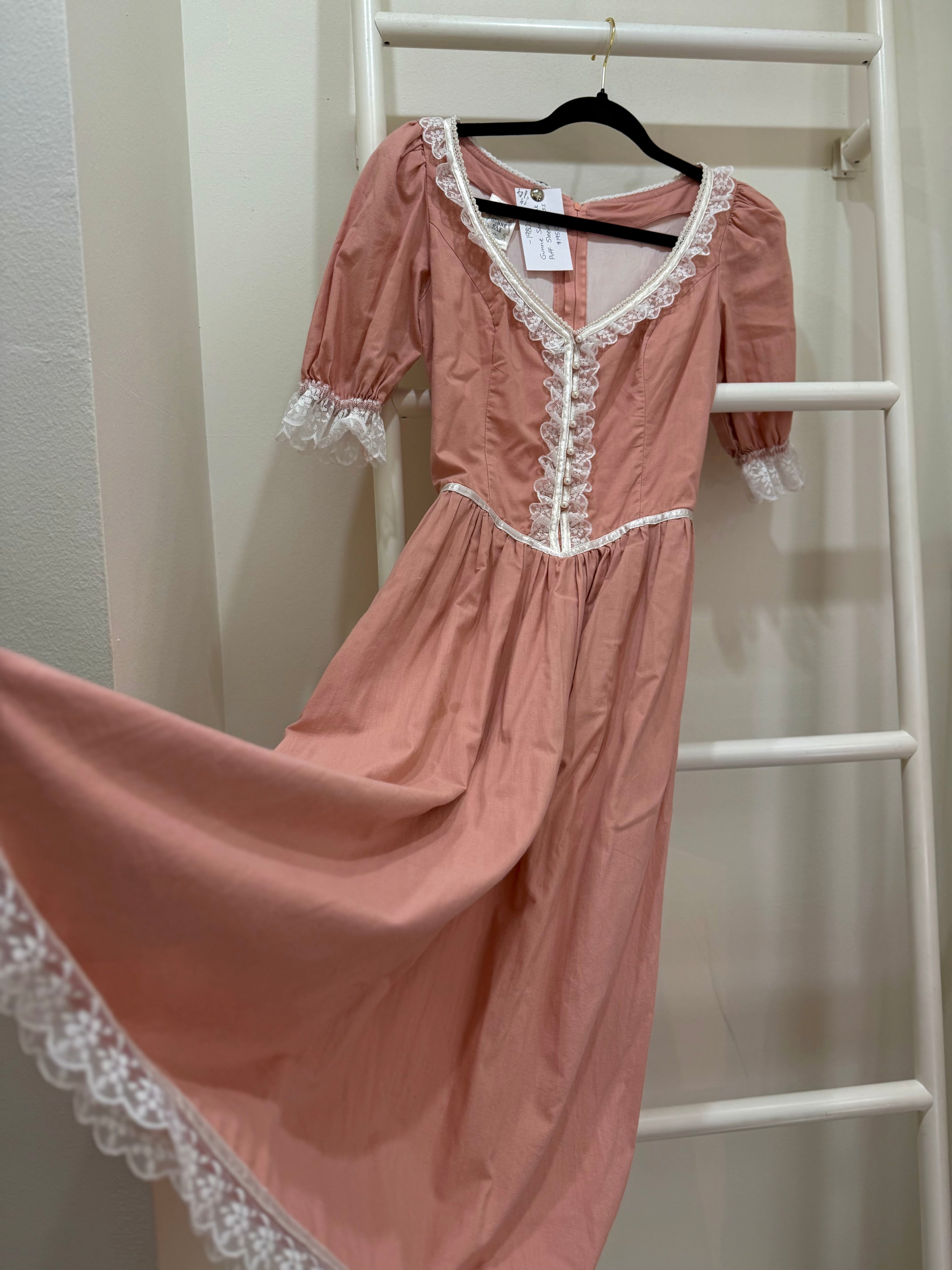 1980s Gunne Sax Pink Puff Sleeve Midi Dress