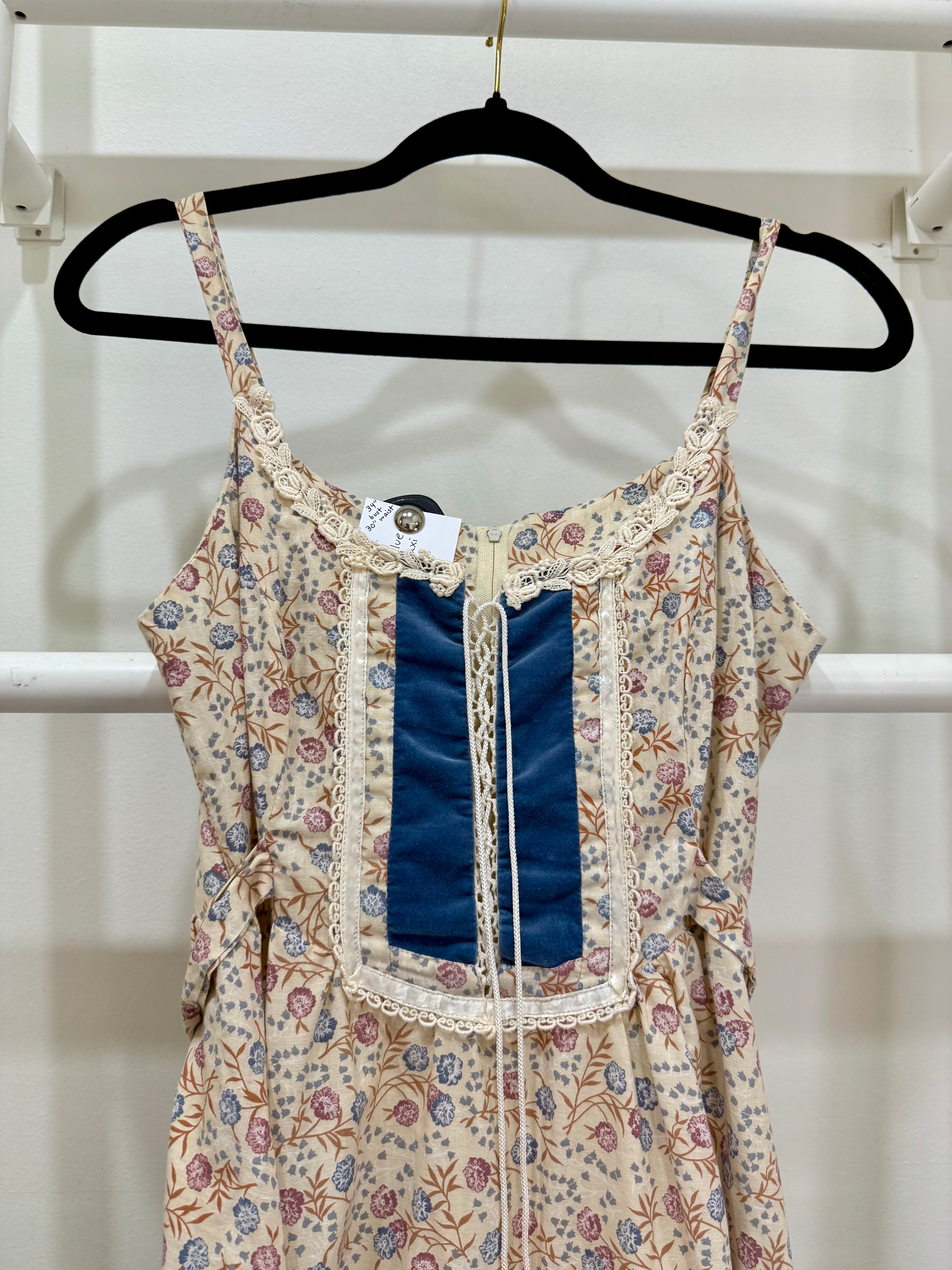 1970s Blue Floral & Velvet Maxi Sun Dress