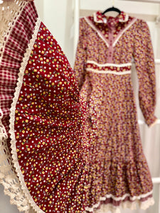 1970s Gunne Sax Red Calico Midi Dress