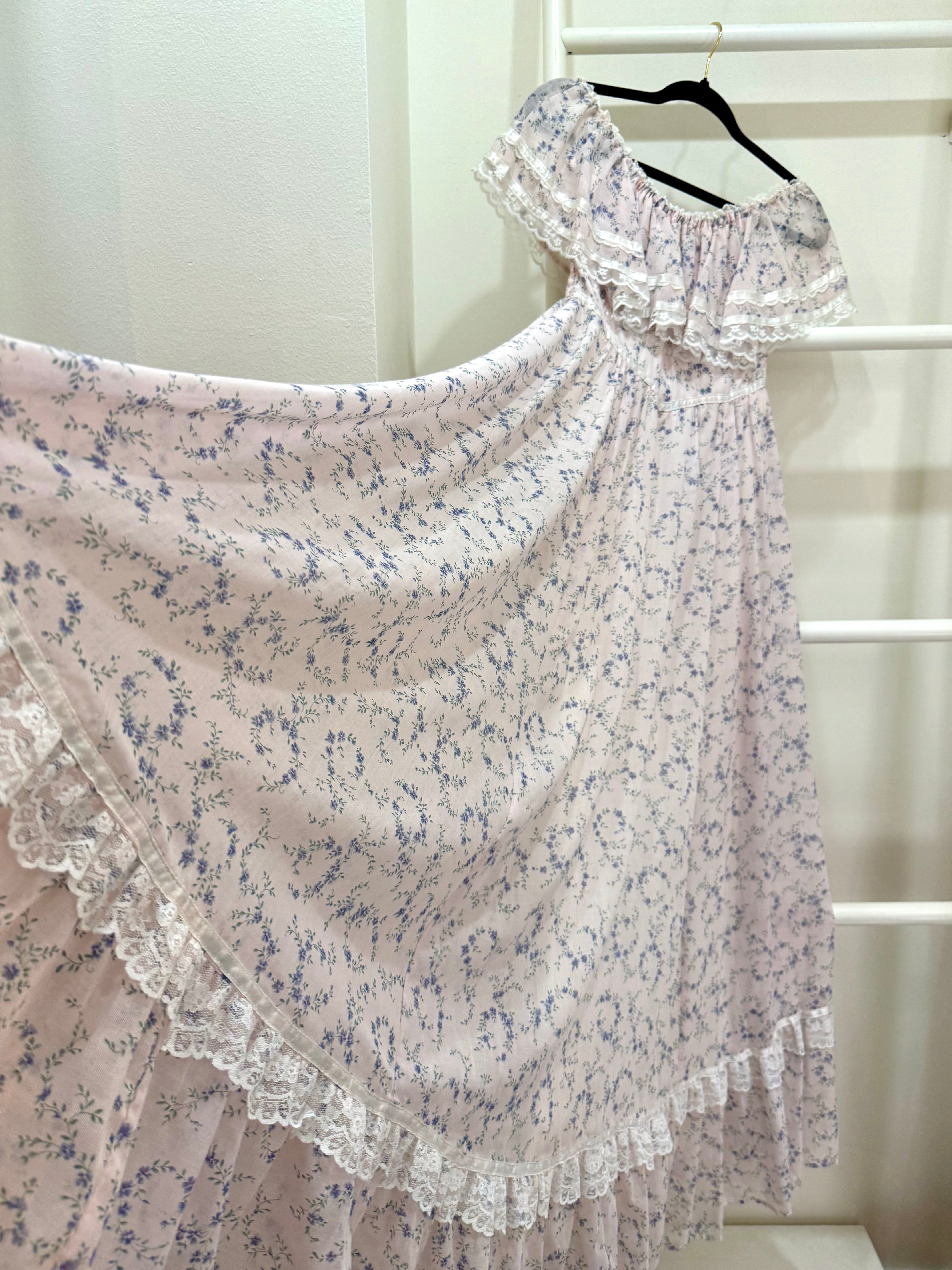 1970s Gunne Sax Pink Floral Off-Shoulder Maxi Dress
