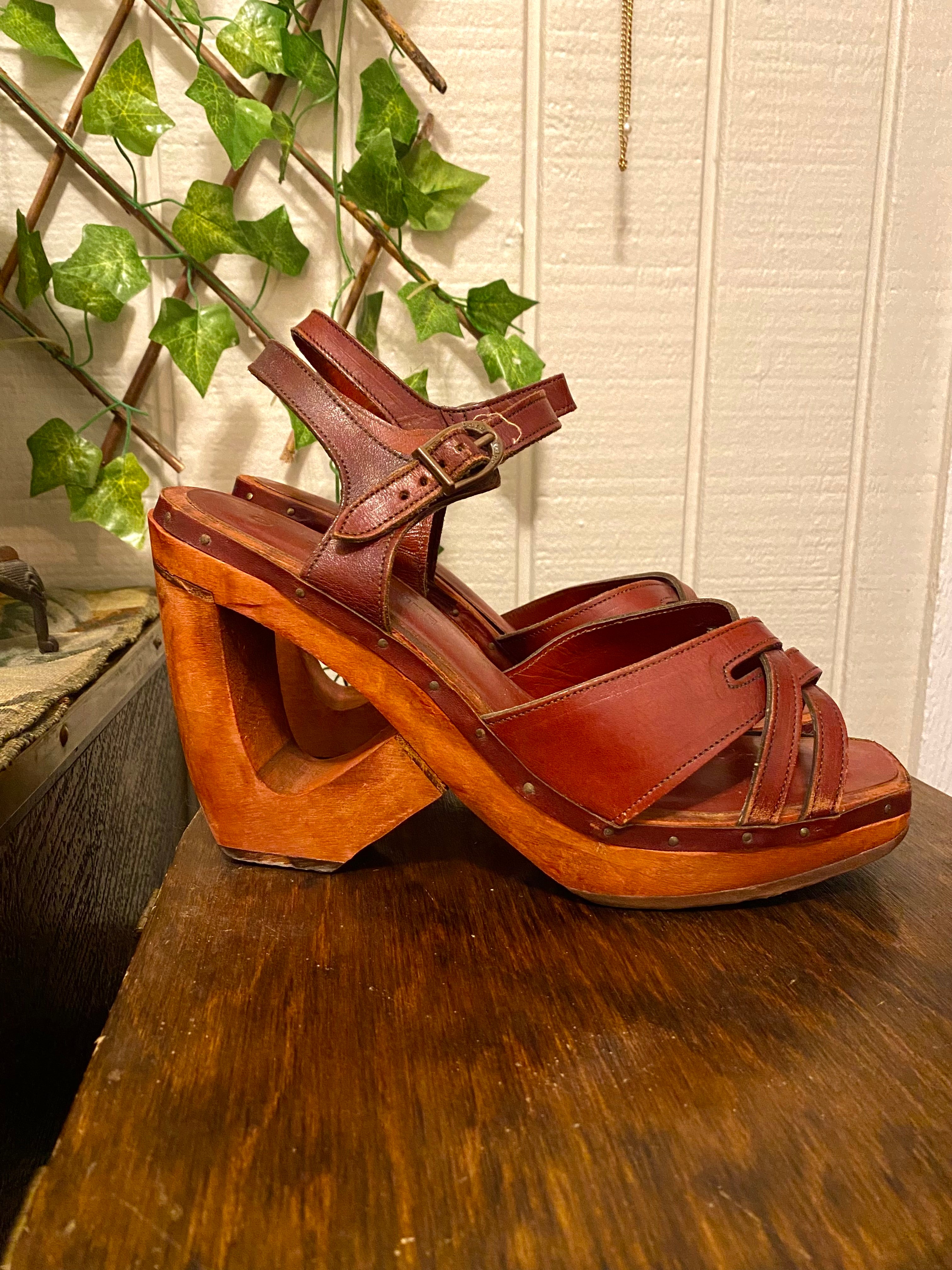 1970s Baretraps Leather & Wood Platform Sandals