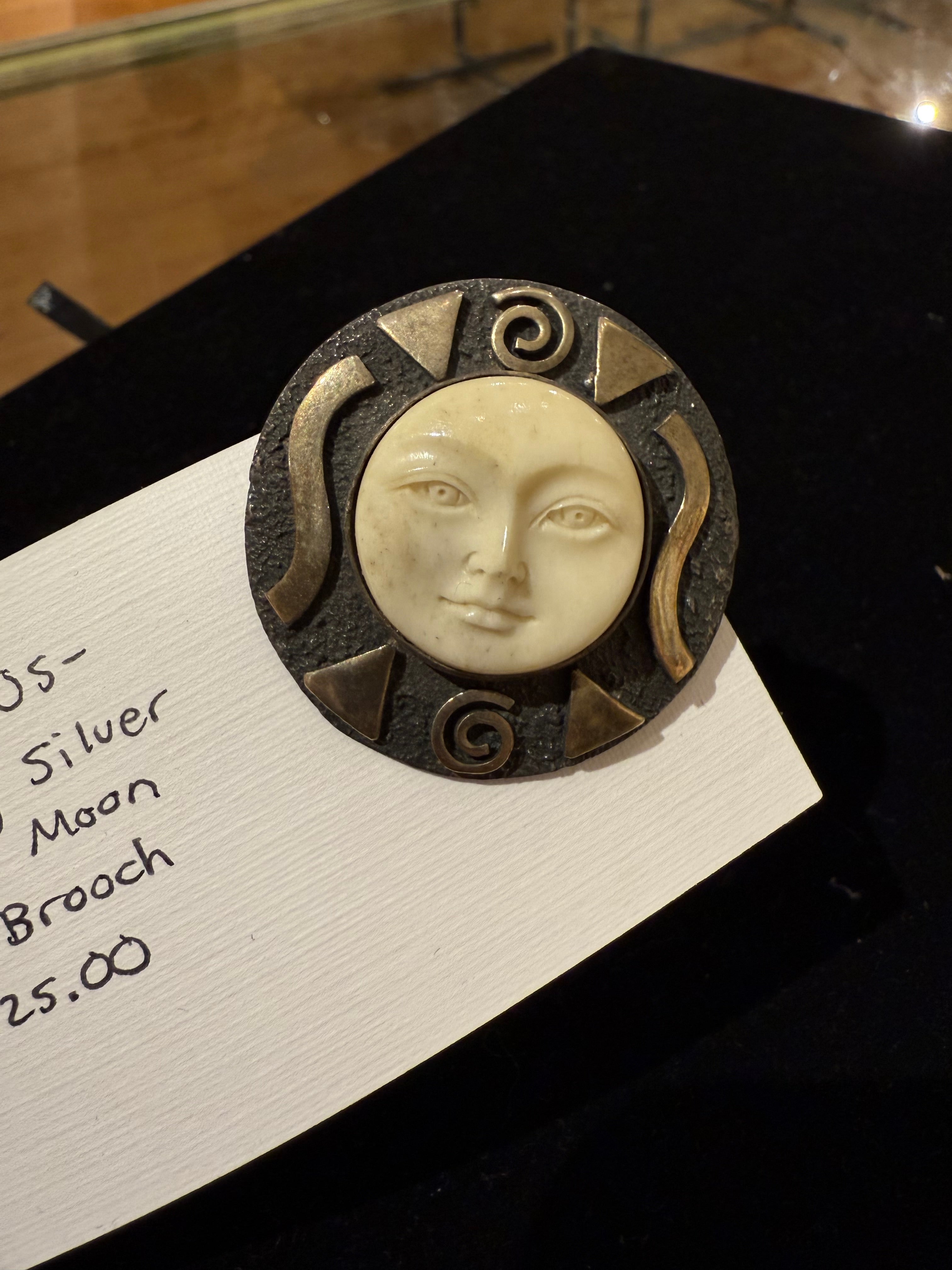 1960s Sterling Silver Carved Moon Face Brooch