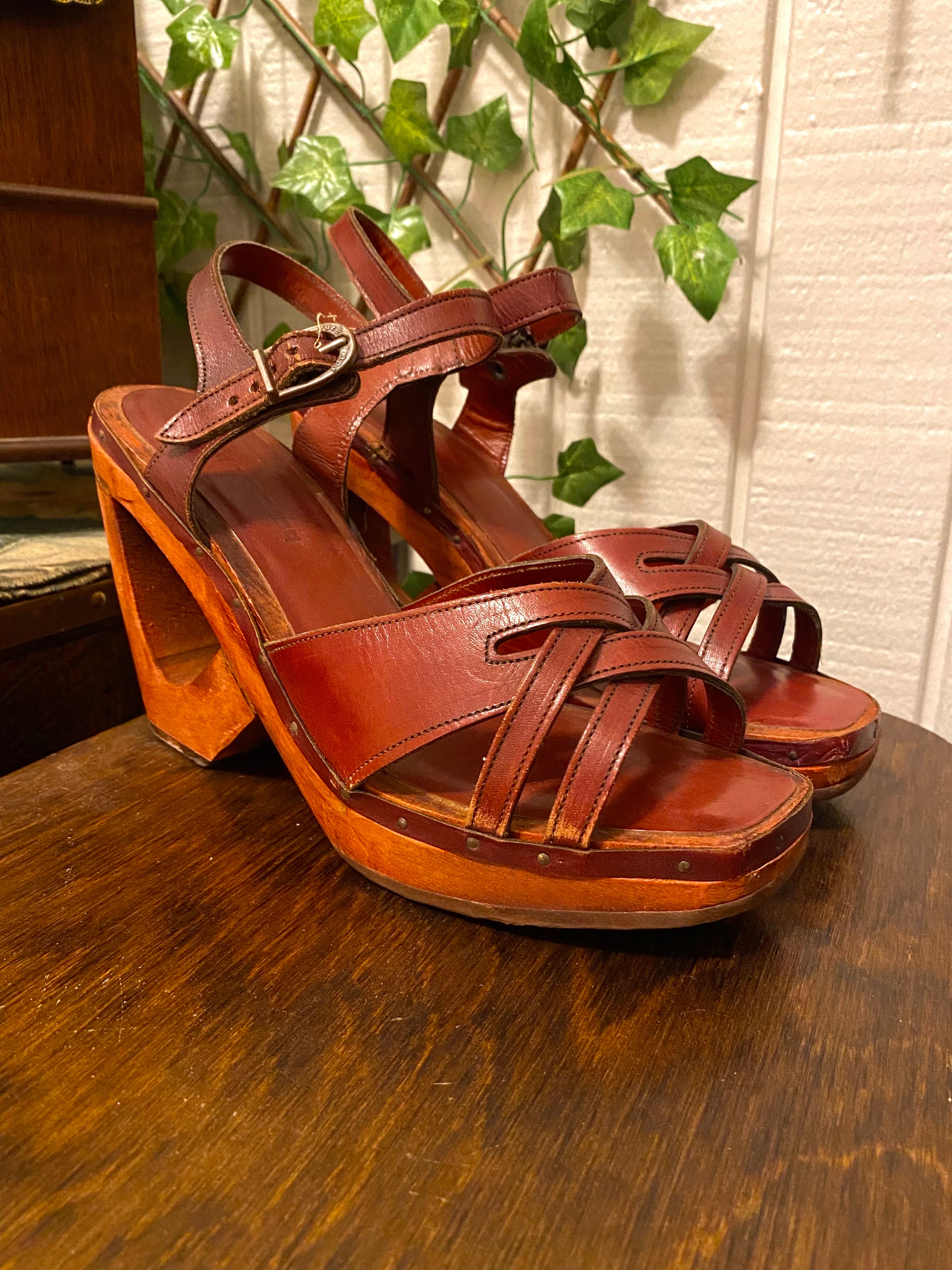 1970s Baretraps Leather & Wood Platform Sandals