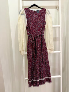 1970s Gunne Sax Burgundy Calico Midi Dress