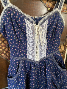 1970s Gunne Sax Navy Calico Midi Sun Dress