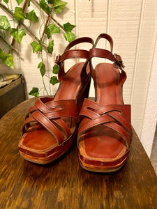 1970s Baretraps Leather & Wood Platform Sandals