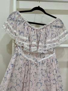 1970s Gunne Sax Pink Floral Off-Shoulder Maxi Dress