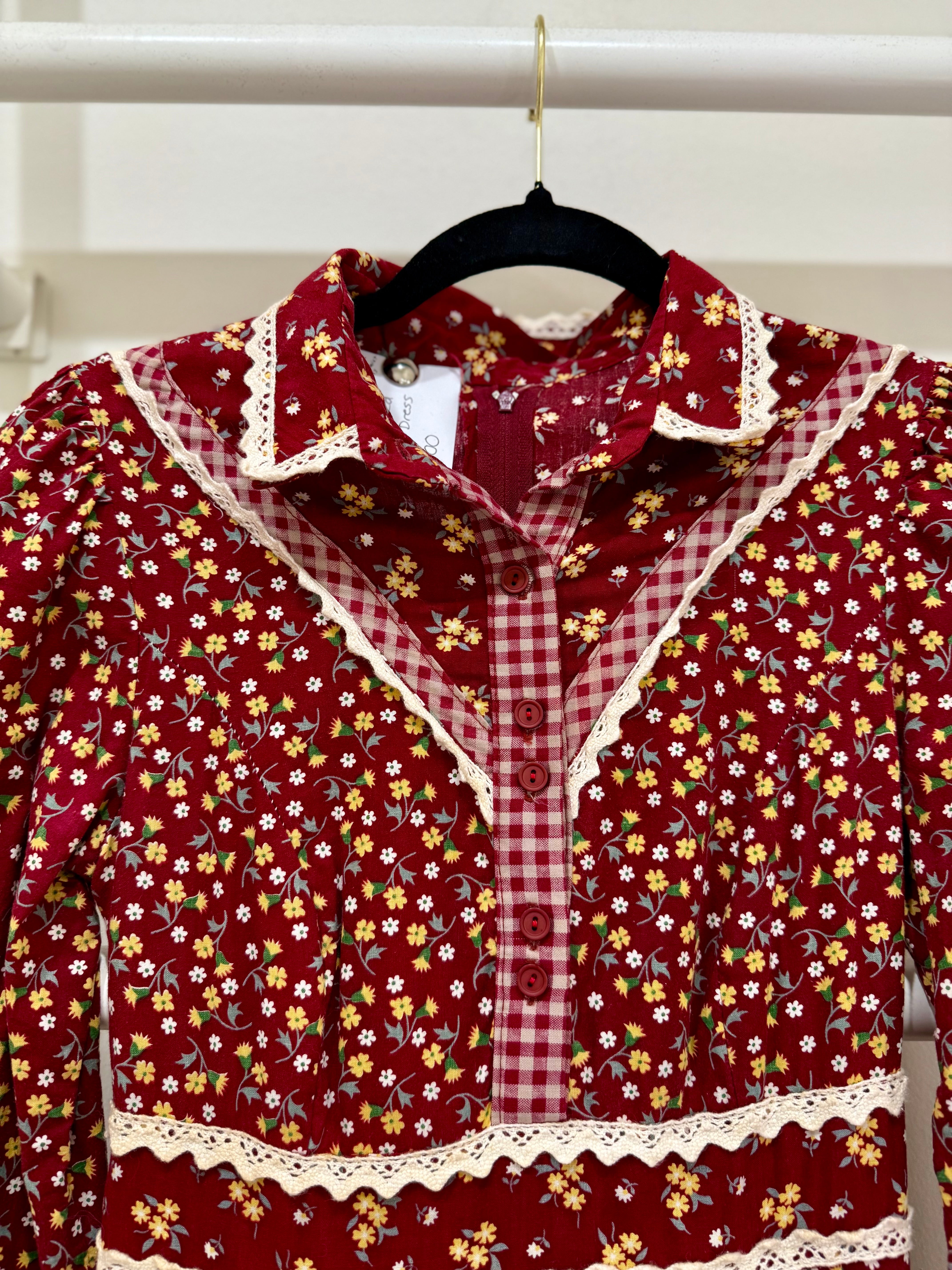 1970s Gunne Sax Red Calico Midi Dress