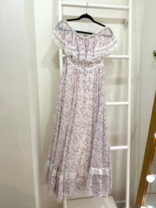 1970s Gunne Sax Pink Floral Off-Shoulder Maxi Dress