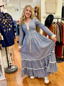 1970s Gunne Sax Blue Calico Bicentennial Maxi Dress