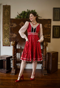 1970s Gunne Sax Red Calico & Black Velvet Midi Dress