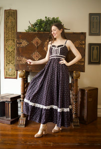 1970s Gunne Sax Black Calico Maxi Sun Dress