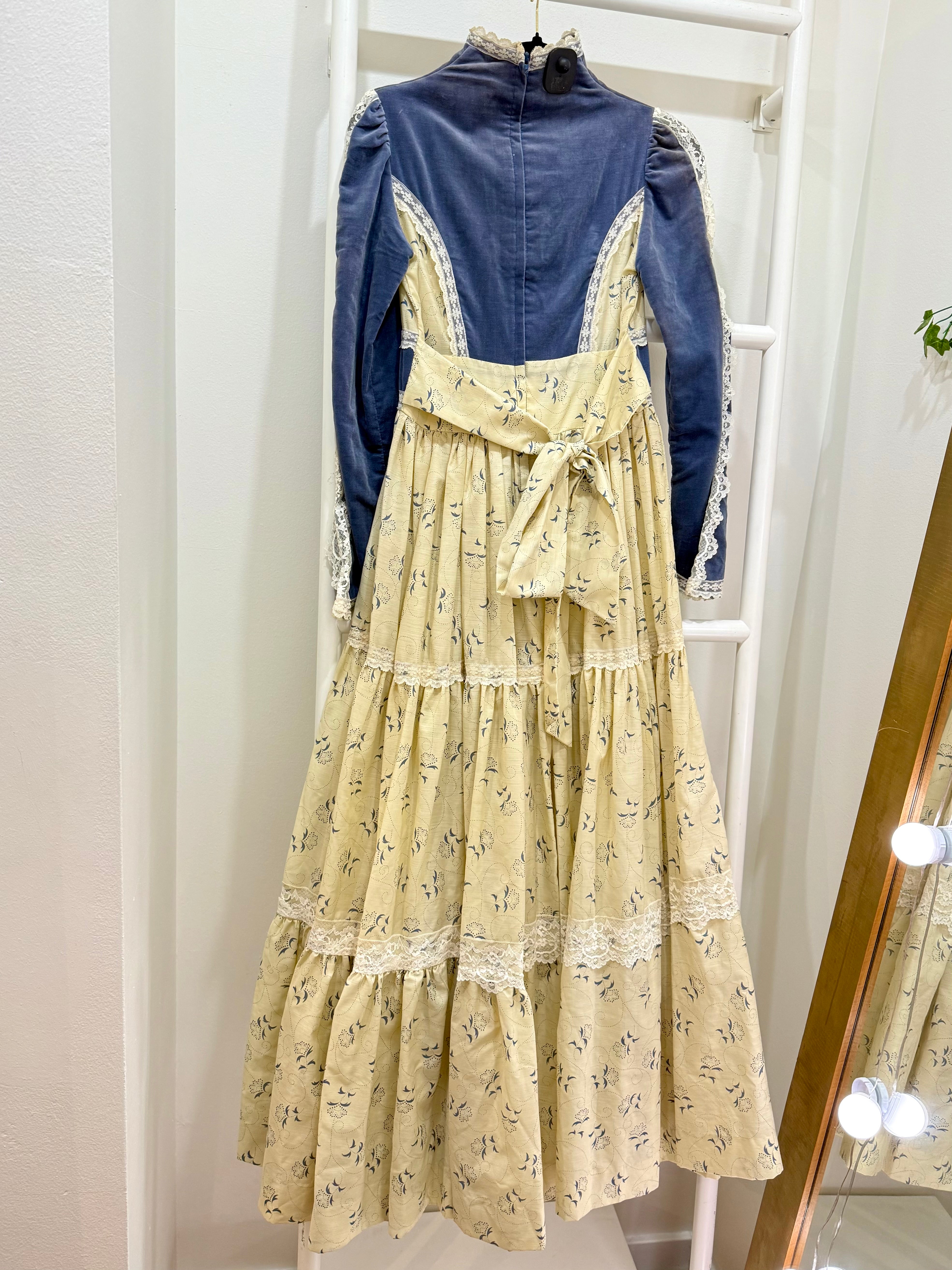 1970s Gunne Sax Blue Velvet & Floral Maxi Dress