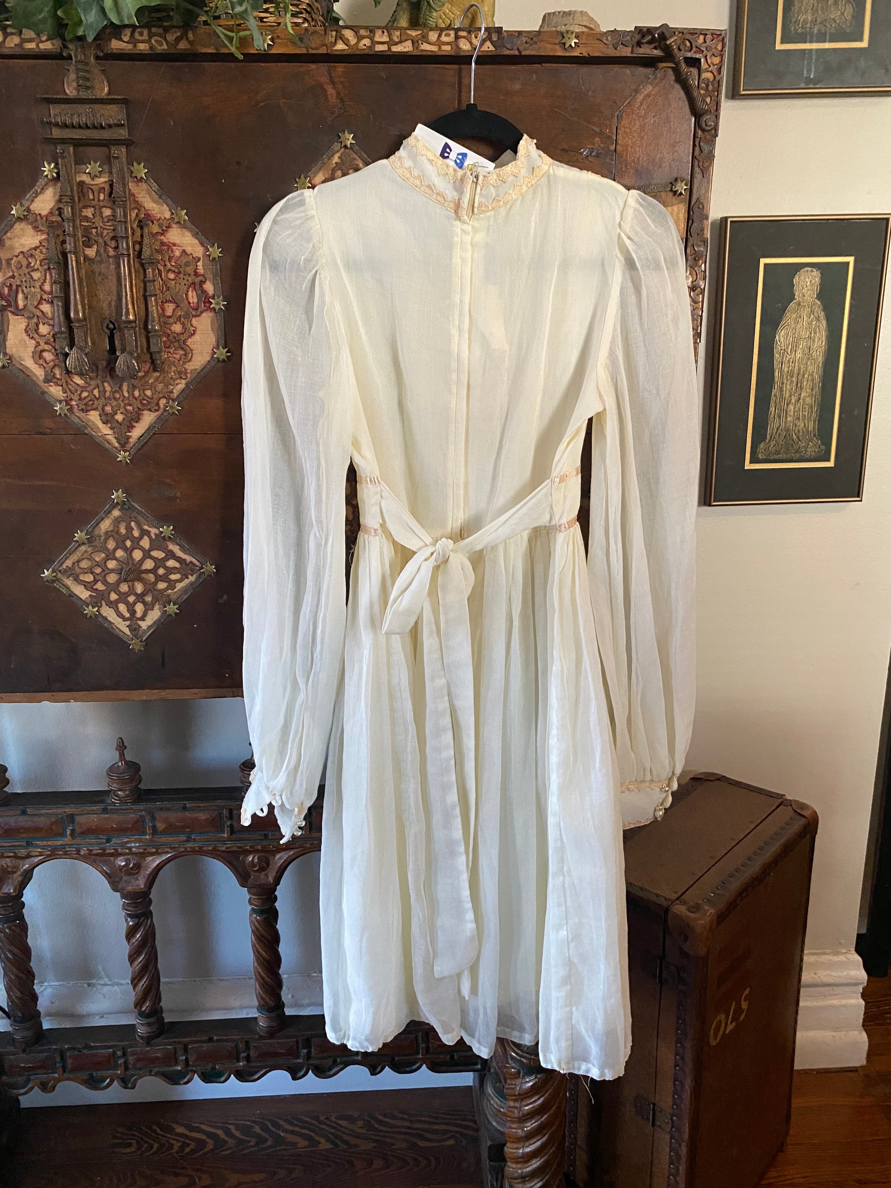 1970s Gunne Sax Cream Embroidered Balloon Sleeve Midi Dress