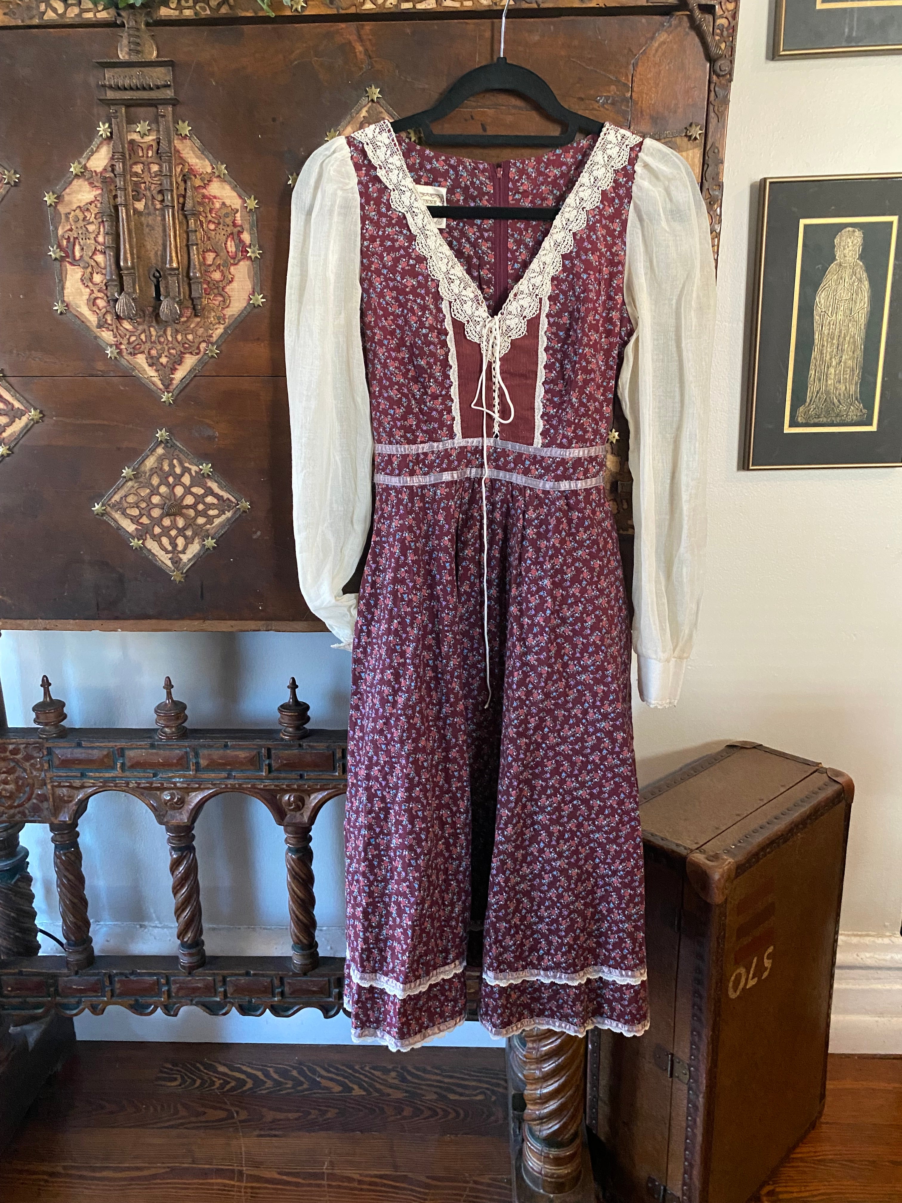 1970s Gunne Sax Maroon Calico & Corduroy Midi Dress