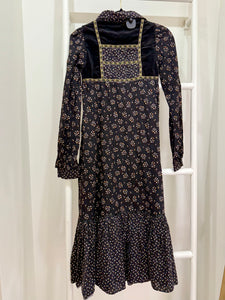 1970s Gunne Sax Black Calico Midi Dress