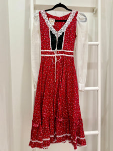 1970s Gunne Sax Red Calico Black Velvet Corset Midi Dress