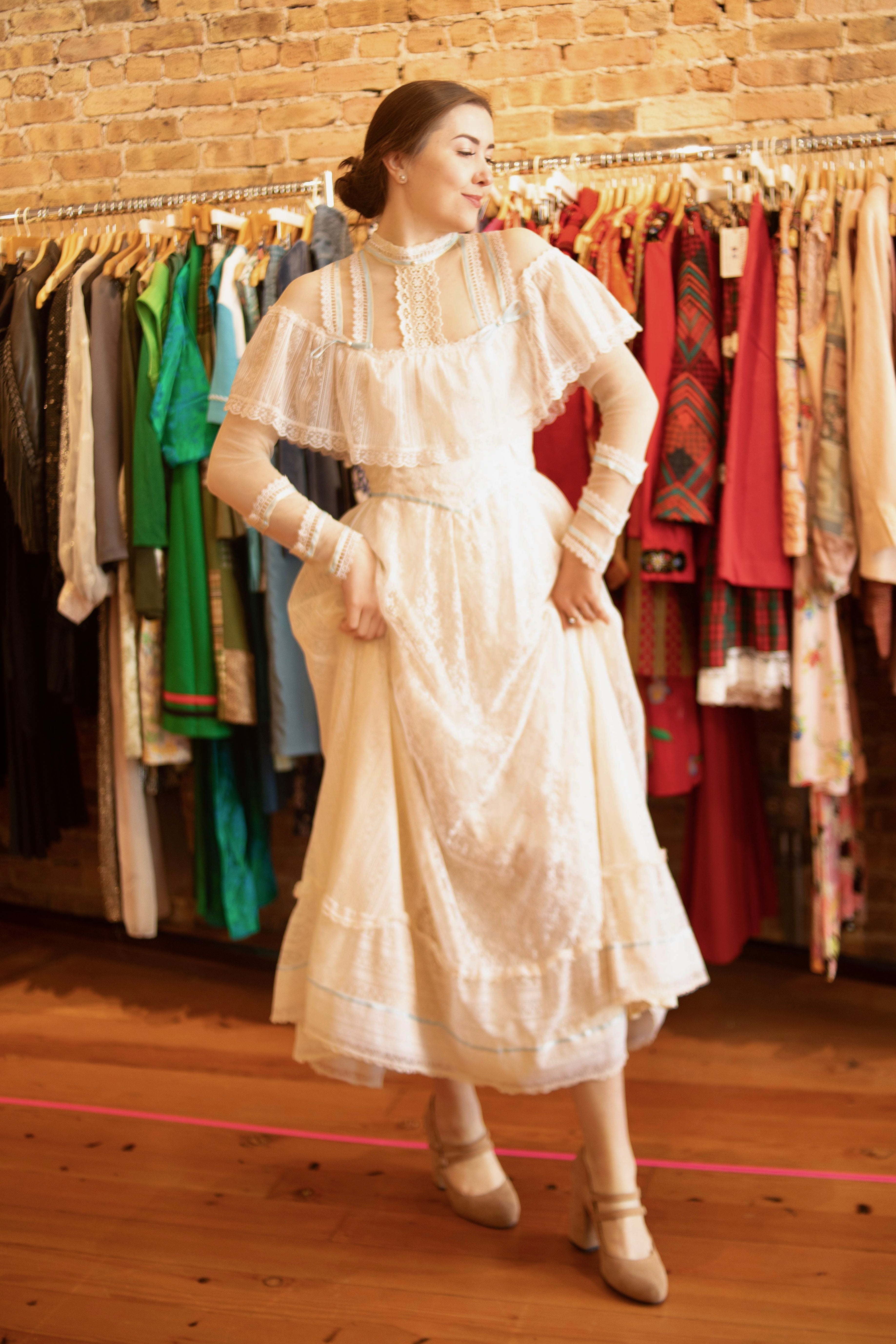 1970s Gunne Sax White Lace & Blue Ribbon Gown