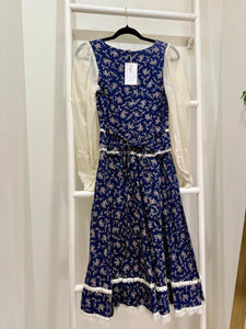 1970s Gunne Sax Blue Calico Peplum Midi Dress