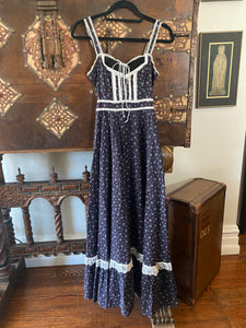 1970s Gunne Sax Black Calico Maxi Sun Dress