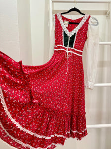 1970s Gunne Sax Red Calico Black Velvet Corset Midi Dress