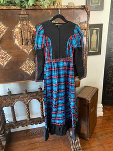 1960s Gunne Sax Black Label Blue Tartan Maxi Dress