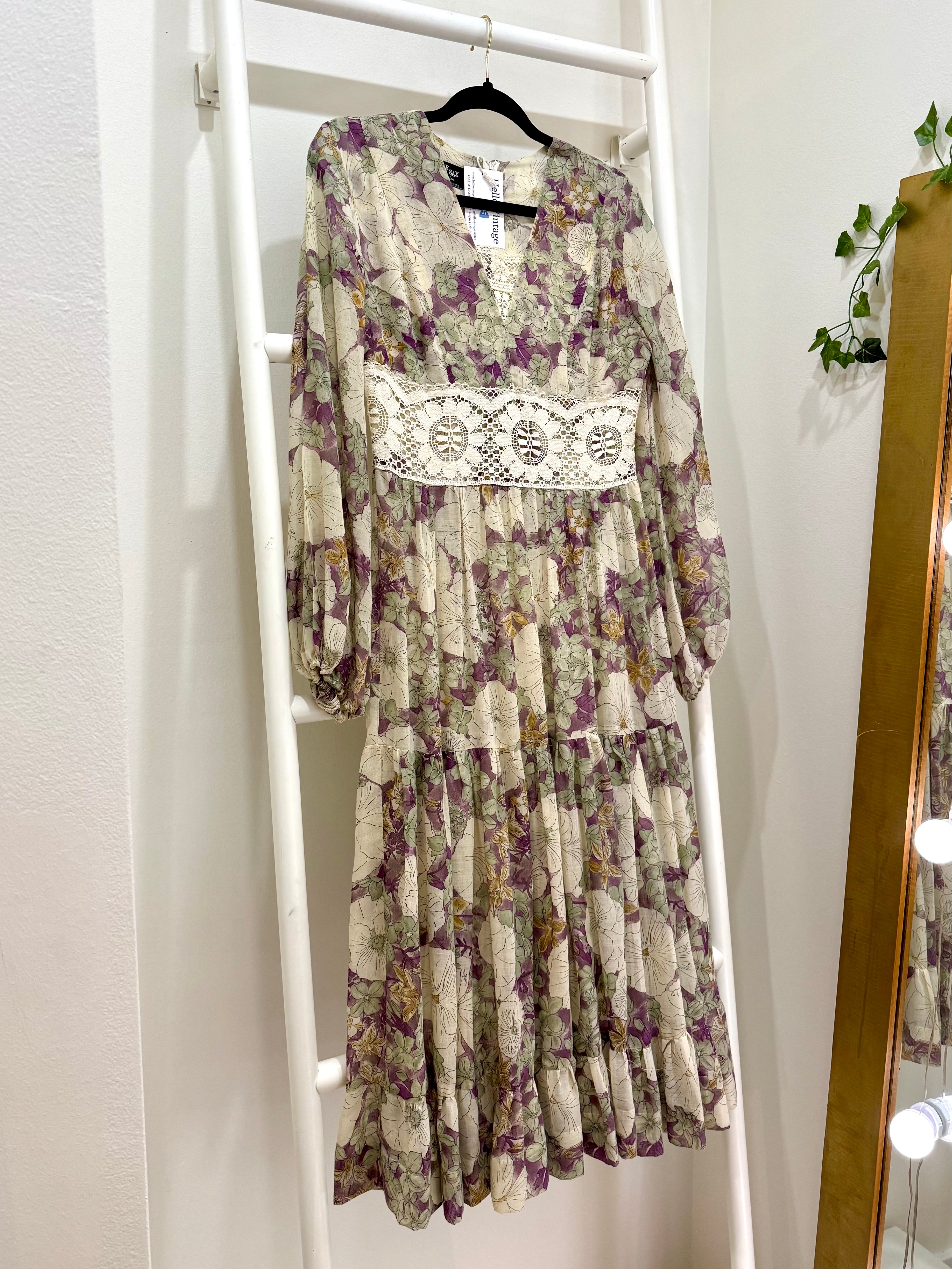 1960s Gunne Sax Black Label Purple & Green Floral Dress