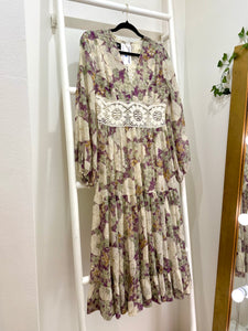 1960s Gunne Sax Black Label Purple & Green Floral Dress