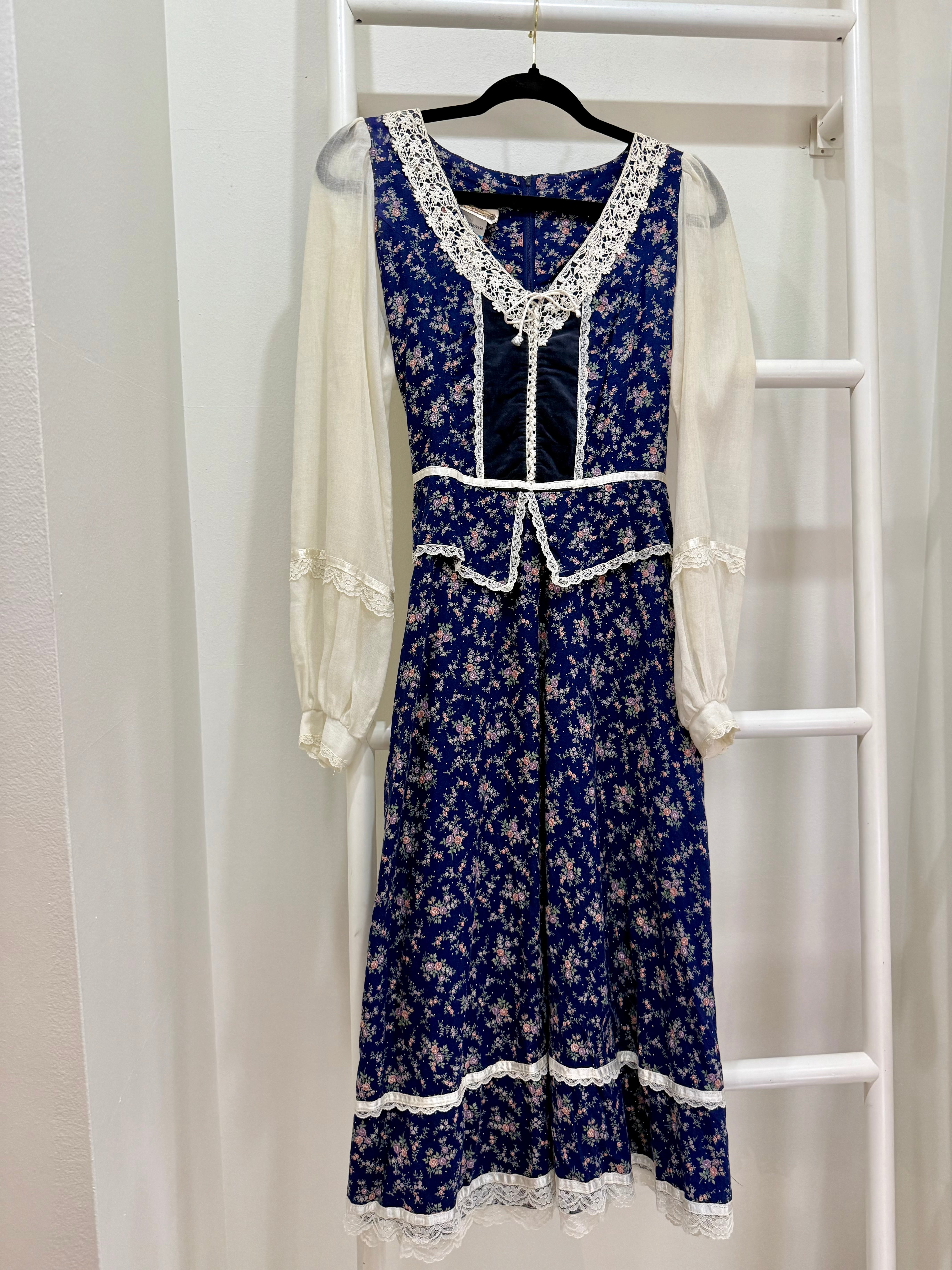 1970s Gunne Sax Blue Calico Peplum Midi Dress