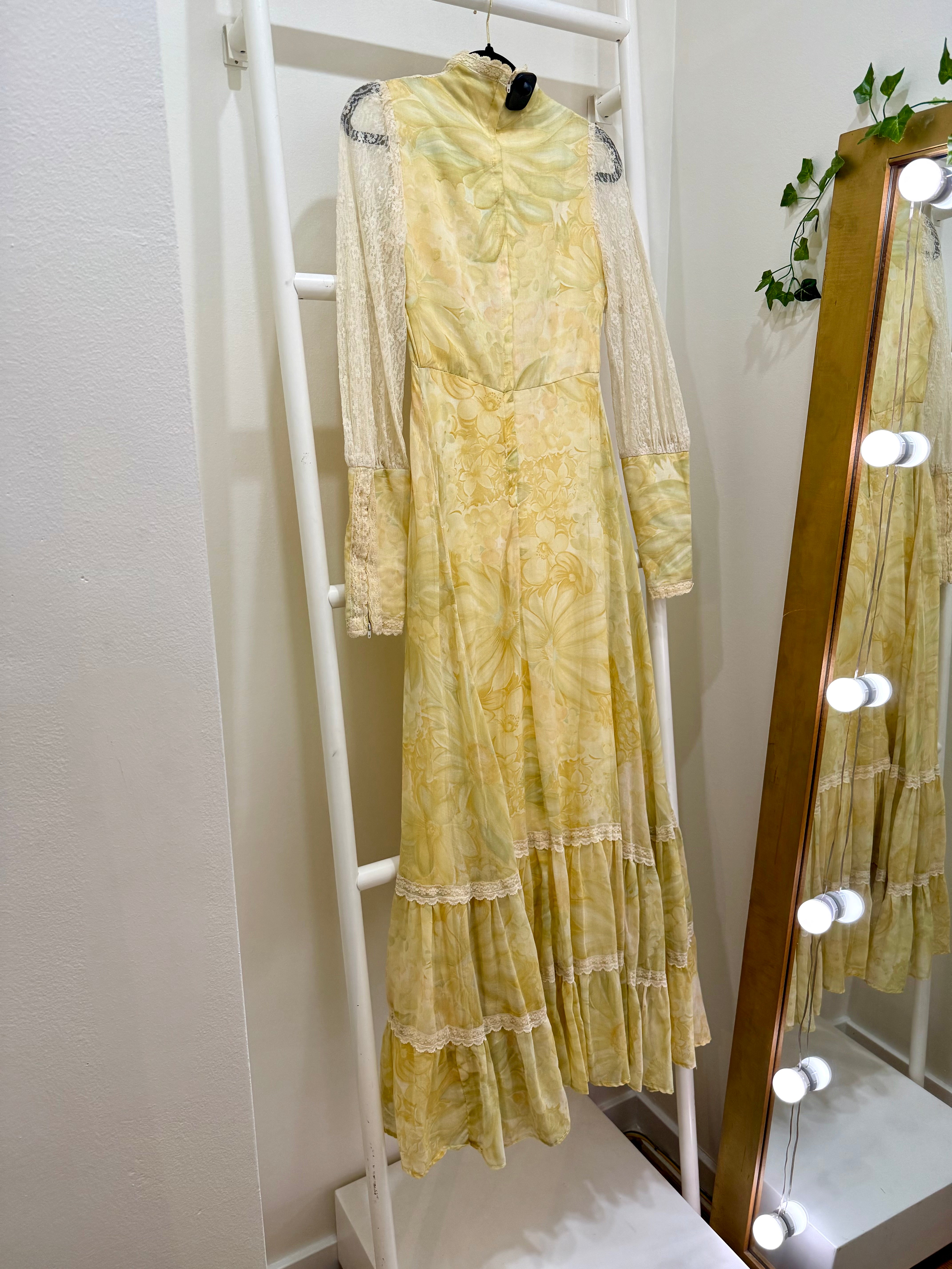 1970s Gunne Sax Yellow Floral Lace Sleeve "Love Witch" Maxi Dress