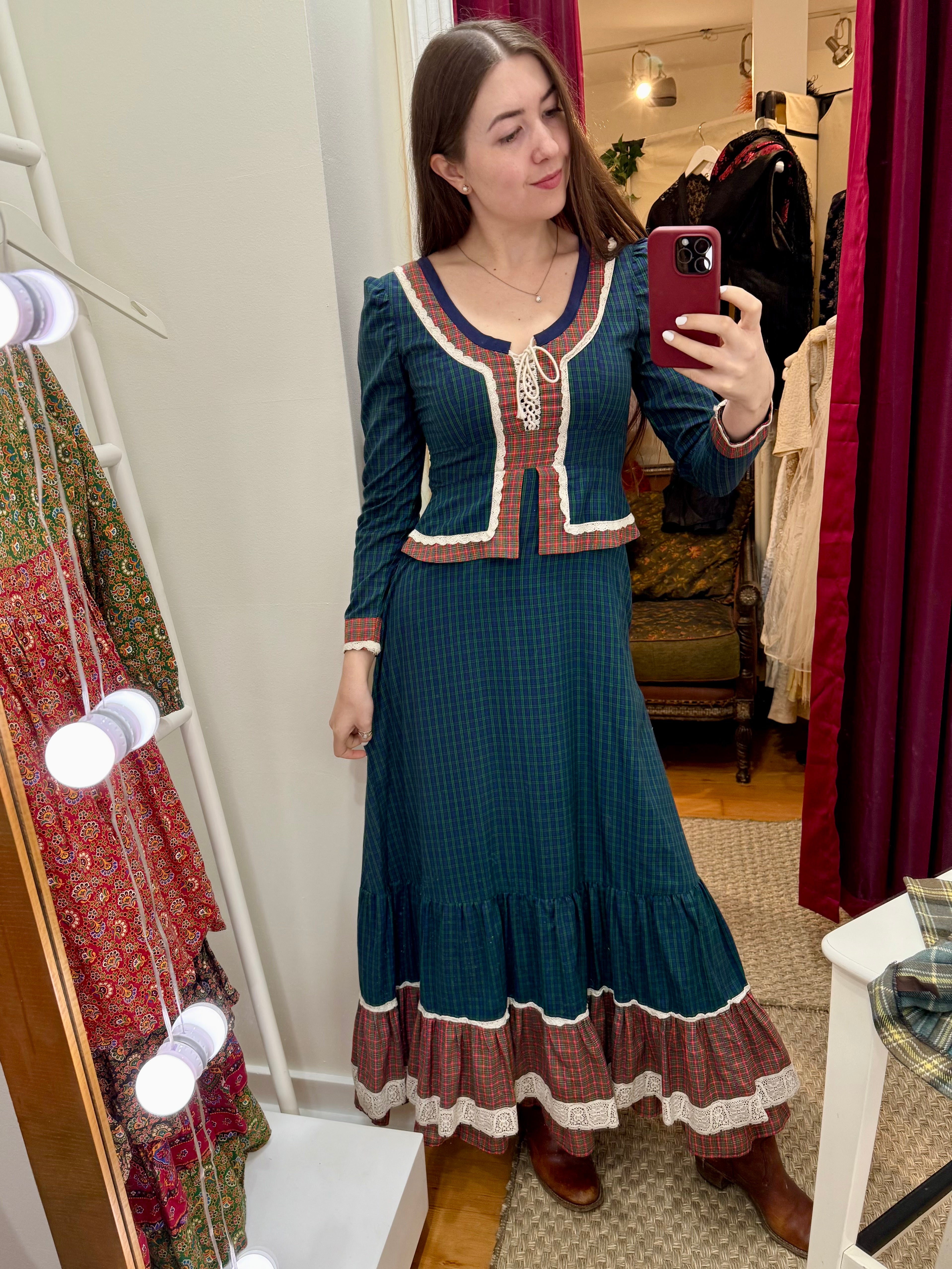 1970s Blue & Red Plaid Peplum Prairie Style Maxi Dress
