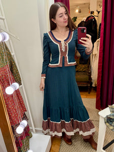 1970s Blue & Red Plaid Peplum Prairie Style Maxi Dress
