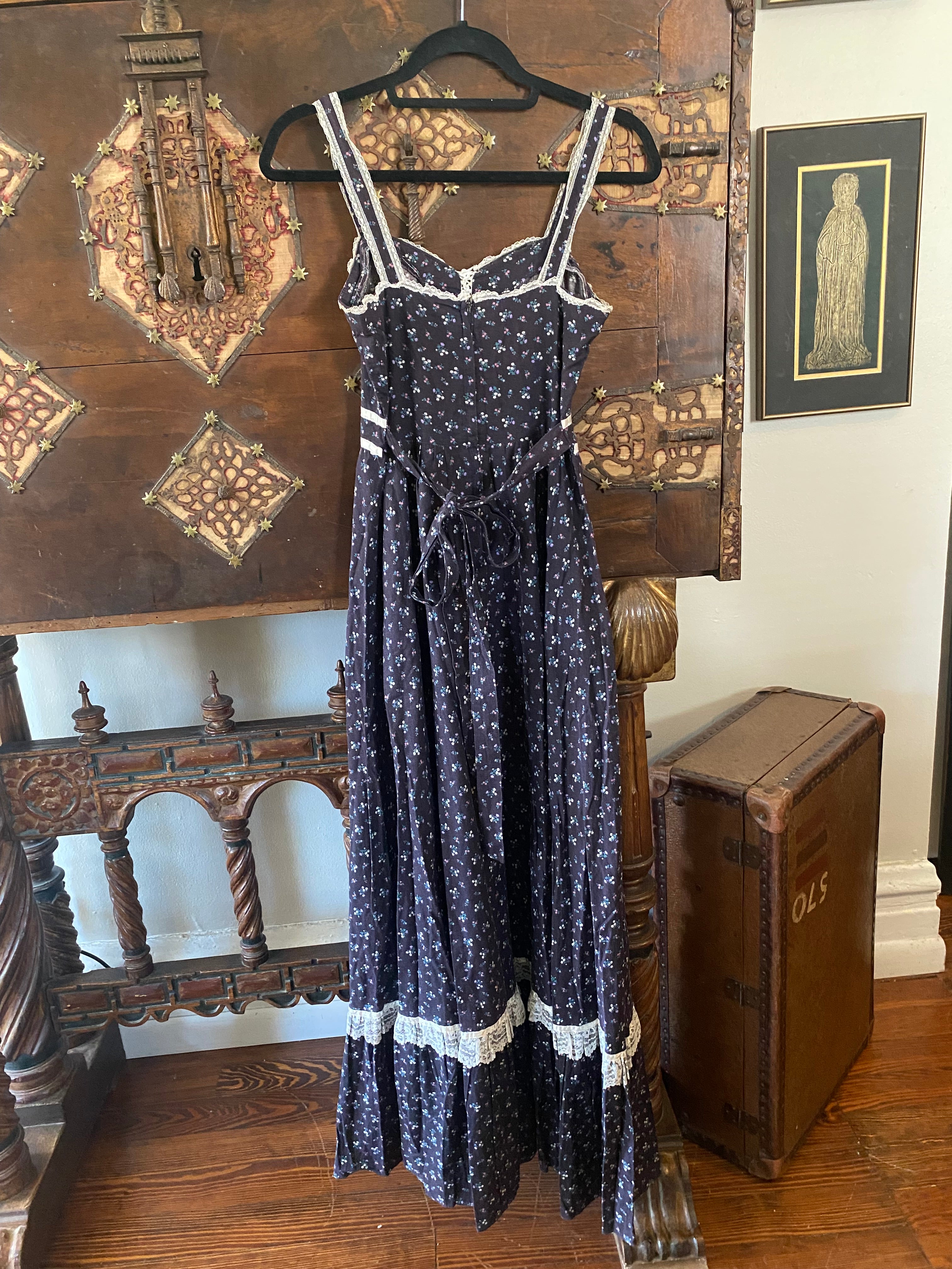 1970s Gunne Sax Black Calico Maxi Sun Dress