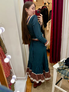 1970s Blue & Red Plaid Peplum Prairie Style Maxi Dress